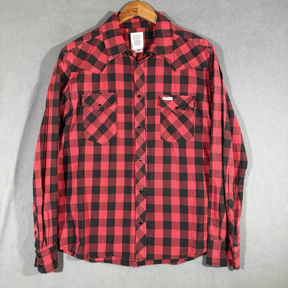 Topo Designs Shirt Mens L Red Plaid Flannel Button Long Sleeve Pockets Casual